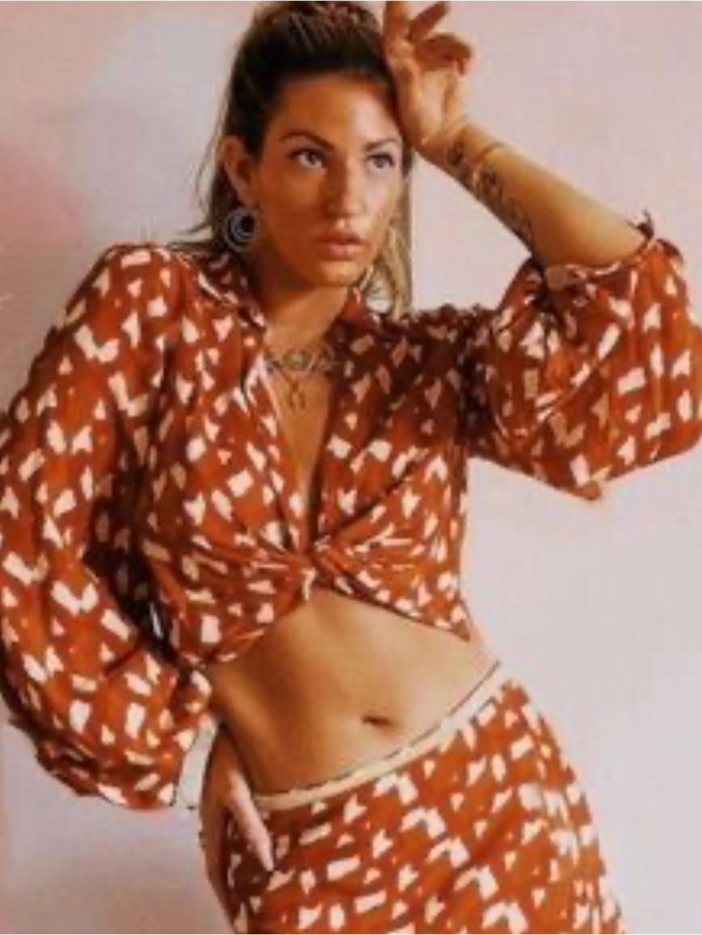 Zara Rust Patterned Button-Front Crop Top - Picture 5 of 15